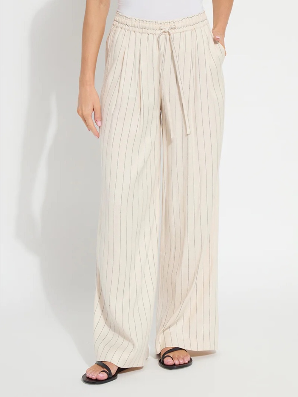Max Studio Pinstripe Linen Drawstring Waist Wide Leg Pants in Black & Ivory